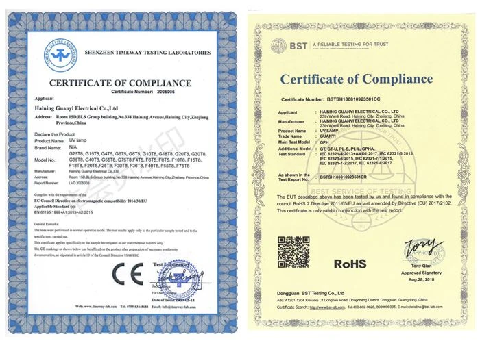 certification of g23 uv lamp